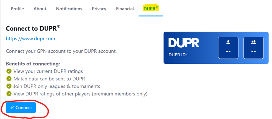 GPN DUPR connect button screenshot